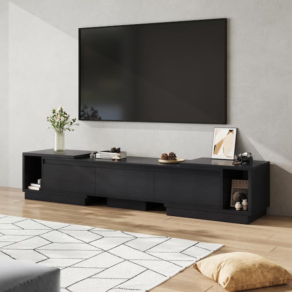 Uixe Black Rectangular Media Console TV Stand Entertainment