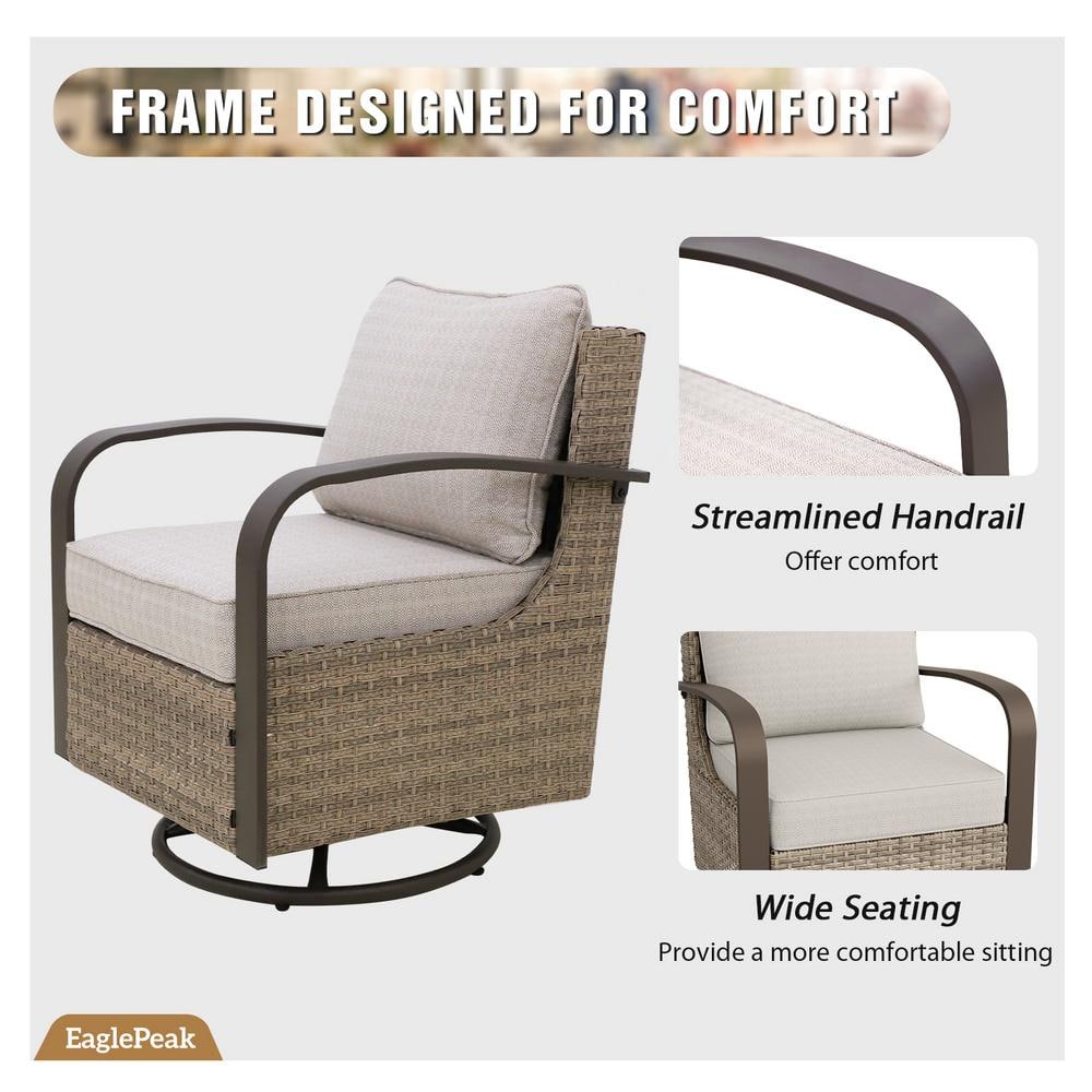 Beige and Brown Steel Wicker Swivel Rocking Chair with Cushions