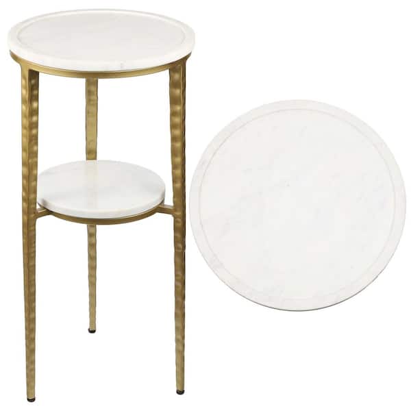 Seraphina 11 in. Industrial 2-Tier Metal Frame Drink Table with White Marble Round Top, Gold/White