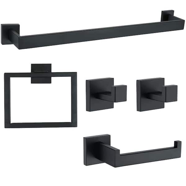 5 Piece Bathroom Hardware Set with Towel Bar, Towel Ring, Toilet Paper Holder, Hooks in Matte Black Finish