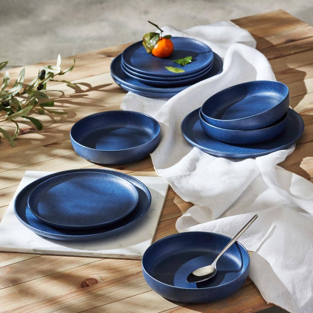 Blue Matte Ceramic 12-Piece Dinnerware Set, Service for 4