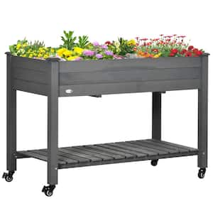 Raised Garden Bed, 47 in. x 22 in. x 33 in. Elevated Wooden Planter Box with Lockable Wheels, Storage Shelf, Gray