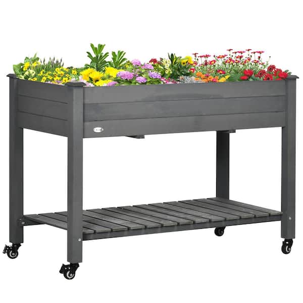 Siavonce Raised Garden Bed, 47 in. x 22 in. x 33 in. Elevated Wooden Planter Box with Lockable Wheels, Storage Shelf, Gray
