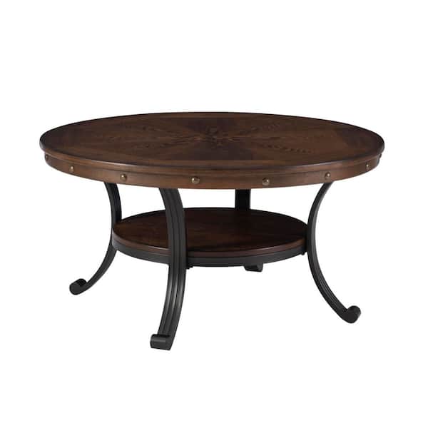 Franklin 36 in. Umber Brown Round Wood Coffee Table with Shelf