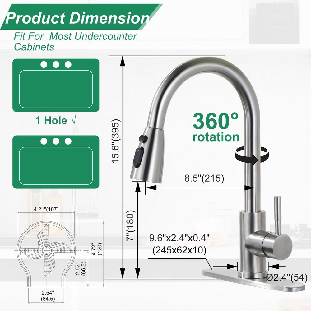Brushed Nickel Single Handle Pull Down Kitchen Faucet with Glass Rinser