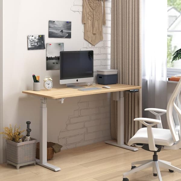 TIFAY 54 in. Natural Beechwood Electric Height Adjustable Standing Desk, Wood and Steel Frame Table with Memory Settings