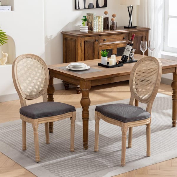 Prunella Grey French Style Solid Wood Upholstered Fabric Dining Chairs (Set of 2) with Rattan Back