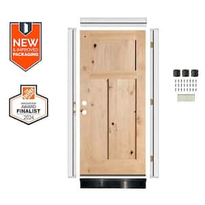 32in.x80in. Rustic Knotty Alder 3-Panel Right-Hand Unfinished Wood Assembly Required Front Door Kit w/QuickAssembleJamb