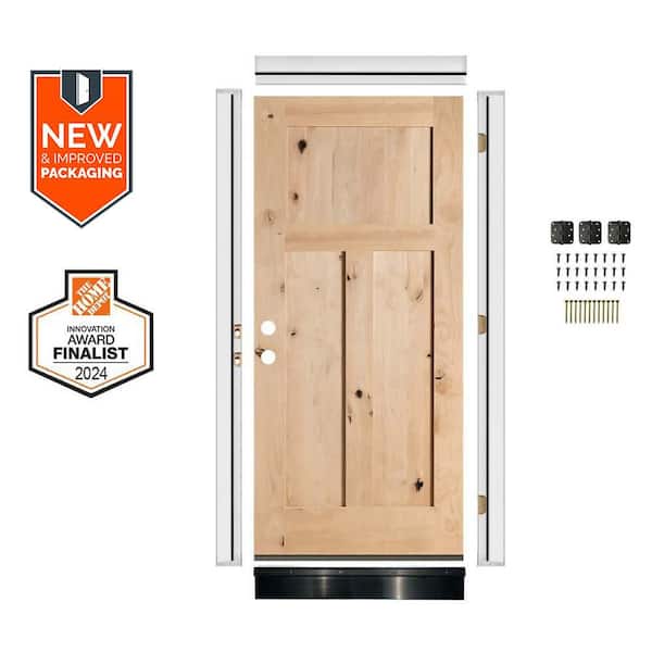 Krosswood Doors DIY 32 in. x 80 in. Rustic Knotty Alder 3-Panel Right-Hand Unfinished Wood Front Door Kit w/ Quick Assemble Jamb