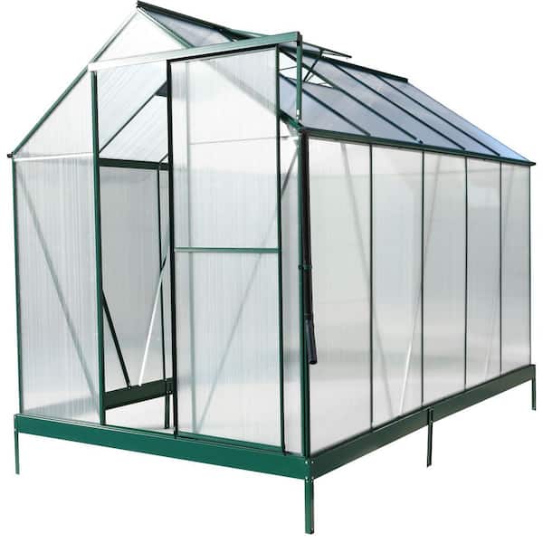 6 ft. W x 10 ft. D x 8 ft. H Aluminium Frame Polycarbonate Green Walk-in Greenhouse with Rain Gutter, Vent and Door