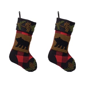 Plaid Stocking with Rug Hooked (Bear) 2-Pack