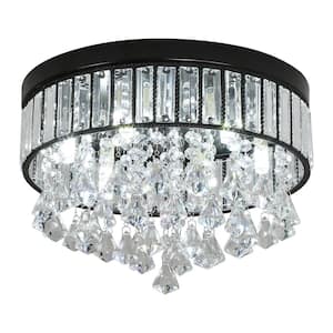 13.77 in. 6-Light Black Modern Round Flush Mount Ceiling Light with Clear Crystal Shade and No Bulbs Included