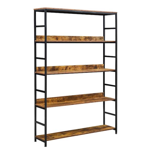 Wateday 68.9 in. Brown Wood 5-Shelf Bookcase with Metal Frame