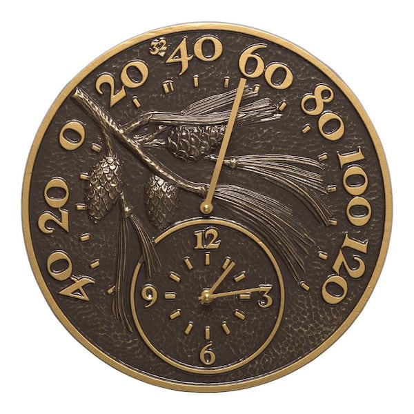 Whitehall Products 14 in. Pinecone Indoor Outdoor Wall Clock and Thermometer