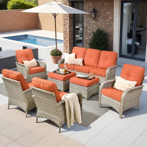 Beverly Gray 7-Piece Wicker Outdoor Patio Conversation Sofa Seating Set with Ottomans and Orange Red Cushions