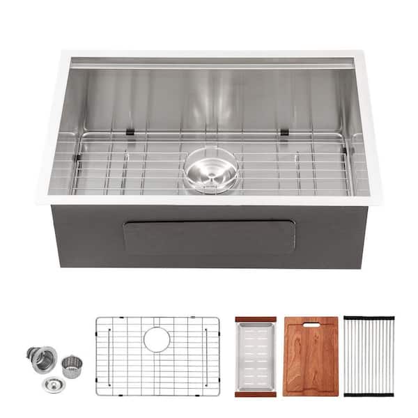 28 in. Undermount Single Bowl 16-Gauge Brushed Nickel Stainless Steel Workstation Kitchen Sink with Bottom Grid