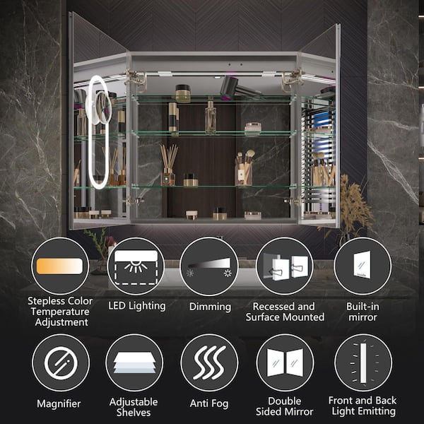 36 in. W x 36 in. H Rectangular Aluminum Recessed/Surface Mount LED Lighted Medicine Cabinet with Mirror Defogger, USB