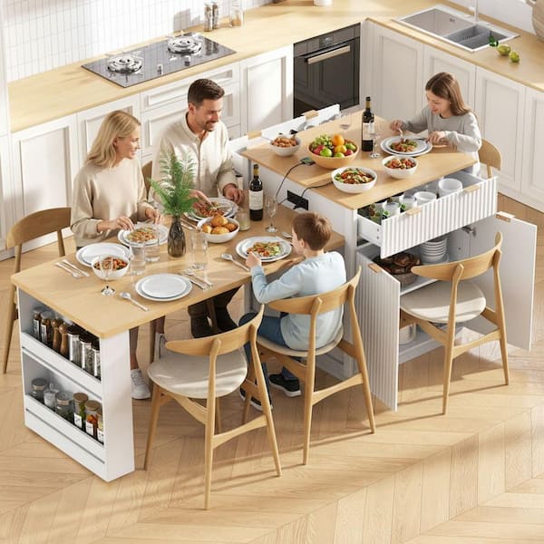 Rustic White Wood 82.6 in. Power Outlet Kitchen Island Extendable Dining Table with Double-Sized Storage and 2-Drawer