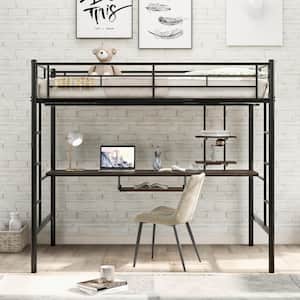 Black Full Size Loft Bed with Desk Metal Loft Bed Frame with 2-Ladders, High Metal Loft Bed for Boy Girls Teens Kids