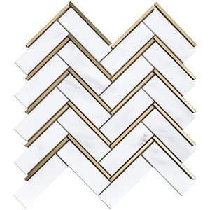 Natural Blanco White Gold 10.71 in. x 11.07 in. Herringbone Polished Marble Mosaic Tile (8.3 sq. ft./Case)