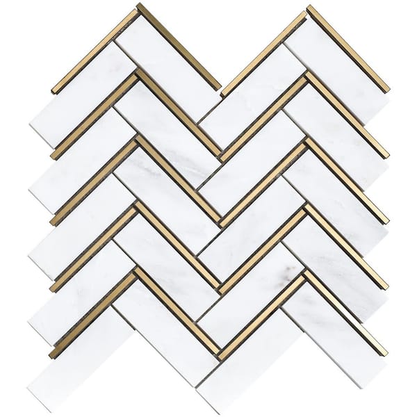 MOLOVO Natural Blanco White Gold 10.71 in. x 11.07 in. Herringbone Polished Marble Mosaic Tile (8.3 sq. ft./Case)