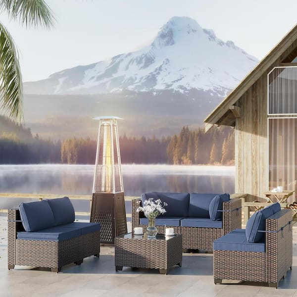 Halmuz 8-Piece Wicker Patio Conversation Set with 55,000 BTU Glass Tube Propane Pyramid Heater, Navy Cushion