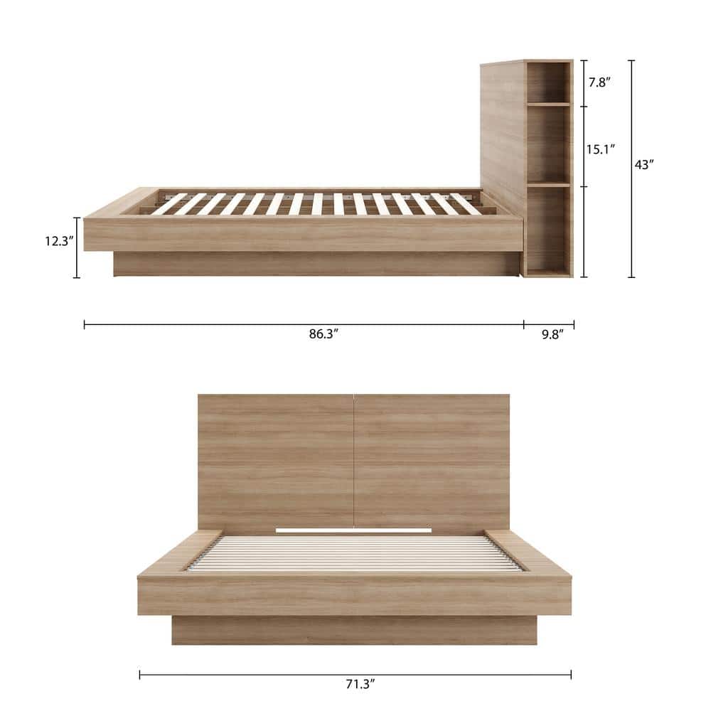 Queen Light Brown Wood Frame Platform Bed with Storage