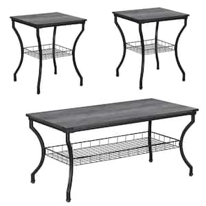 3 Pieces Coffee Table Sets with Open Storage Shelves Living Room Set for Small Space, 1 Coffee Table+2 Side Tables, Gray