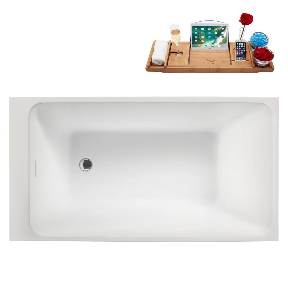 51" Glossy White Acrylic Freestanding Soaking Bathtub with Bamboo Tray