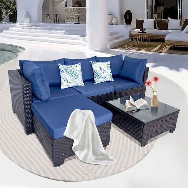 Zeus & Ruta 5 Piece Black Wicker Outdoor Sectional Set with Blue Cushion, Ottoman and 1 Side Table for Patio, Balcony, Backyard