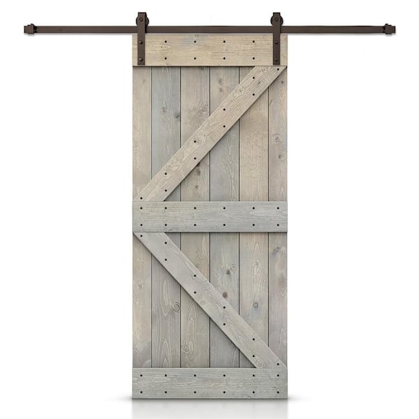 34 in. x 80 in. K Series Solid Core Smoke Gray Stained DIY Wood Interior Sliding Barn Door with Hardware Kit