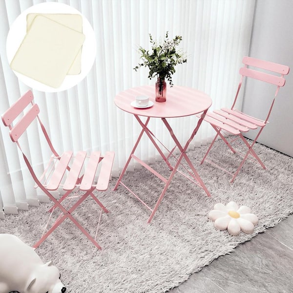 AUTMOON 3-Piece Metal Foldable Outdoor Bistro Balcony Chair Table Set with White Cushions, Pink