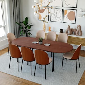 Tule 9-Piece Dining Set Black Steel with 8 Leather Seat Dining Chairs and 83 in. Oval Dining Table, Walnut/Light Brown