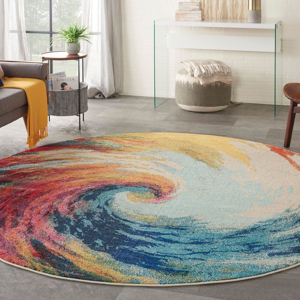 Celestial Waves Multicolor Abstract Round Rug, 7'10"