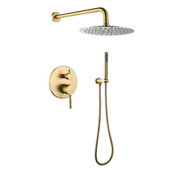 Unbranded Single Handle 2-Spray 10 in. Round Wall Mounted Shower Faucet1.8 GPM with High Pressure Hand Shower in Brushed Gold