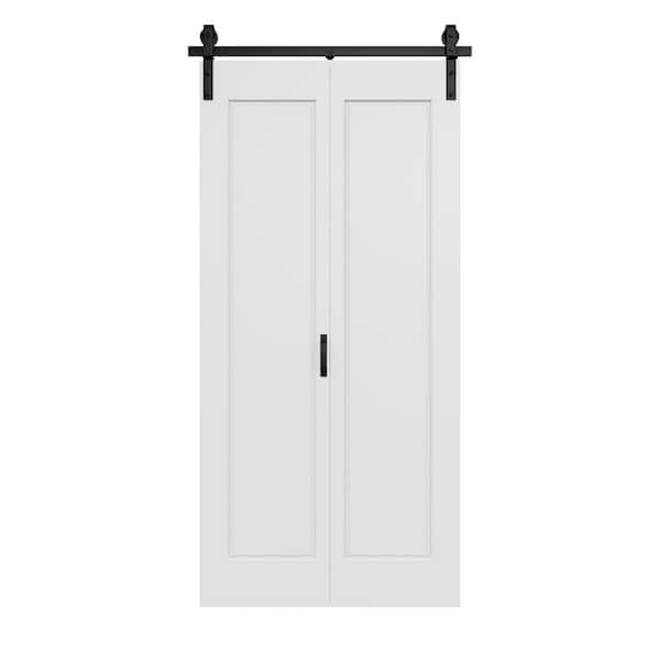 42 in. x 84 in. Easy Install 1-Panel White Primed MDF Composite Bi-Fold Sliding Barn Door with Hardware Kit and Handle