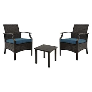 3-Piece Patio Set Outdoor Wicker Furniture Set Bistro Rattan Chair Conversation Sets w Coffee Table and Blue Cushions