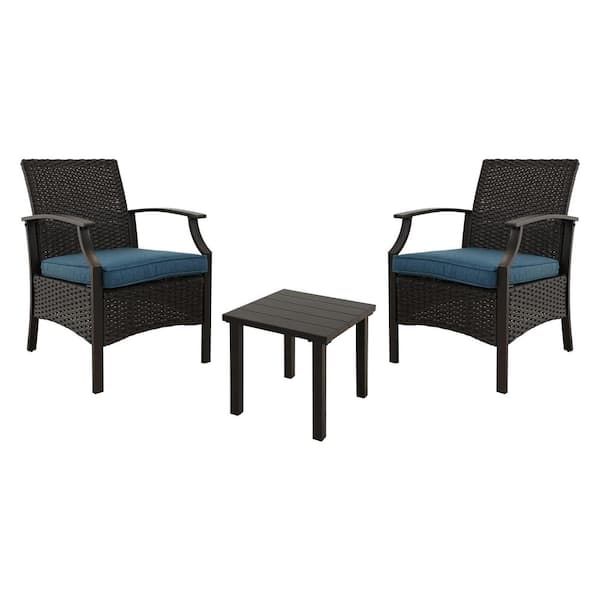Clihome 3-Piece Patio Set Outdoor Wicker Furniture Set Bistro Rattan Chair Conversation Sets w Coffee Table and Blue Cushions