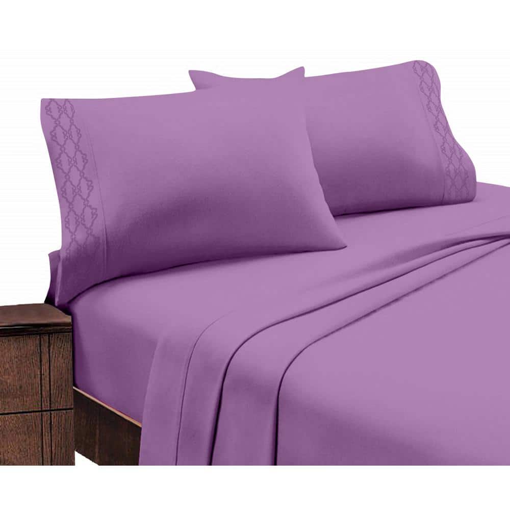 King Purple Microfiber Embroidered Deep Pocket Sheet Set