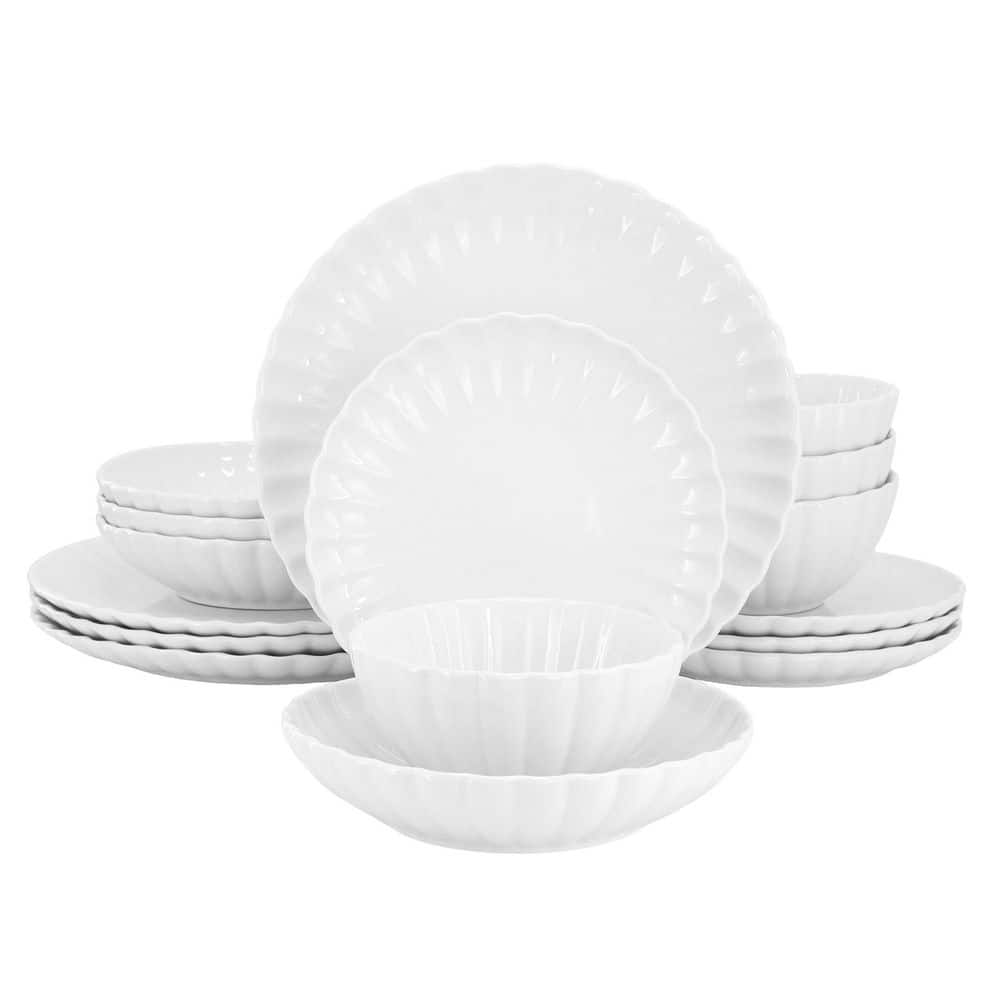 Ava 16 Piece Scalloped Double Bowl Porcelain Dinnerware Set in White