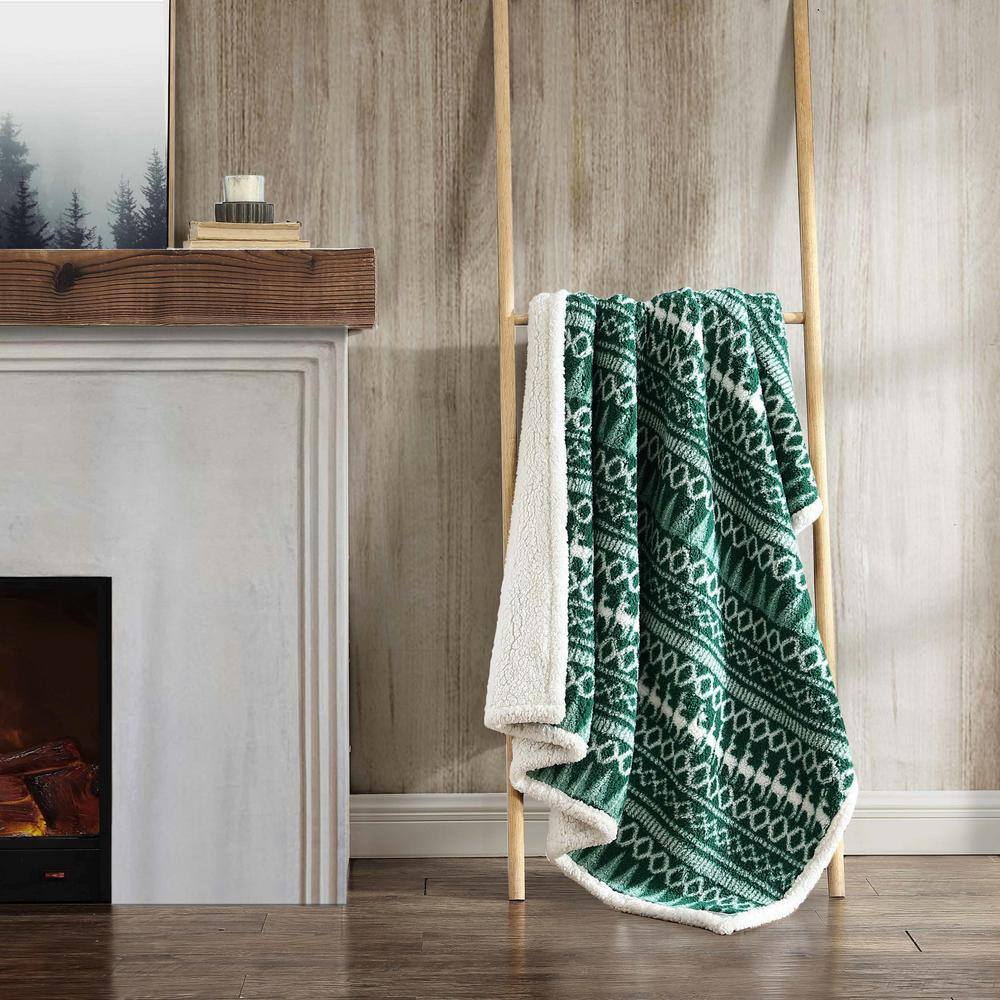 Green and White Reversible Sherpa Fleece Throw Blanket