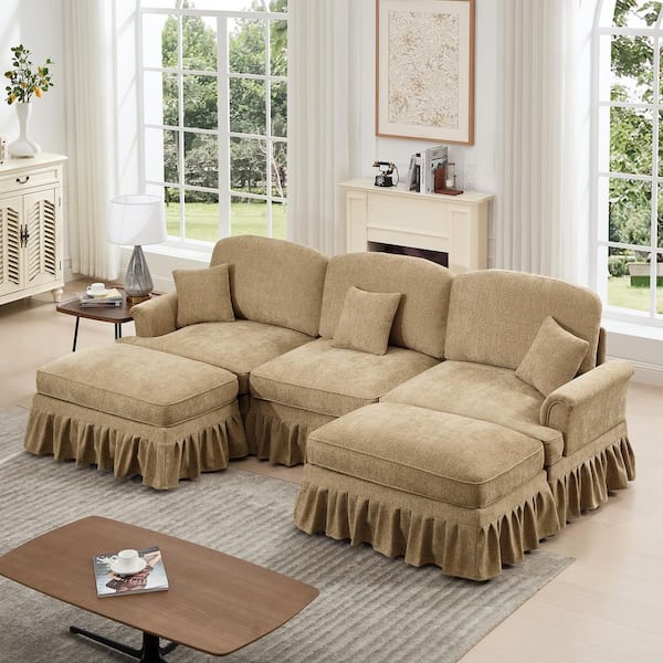 Andrea 107.1 in. Flared Arms Chenille U-Shaped Sectional Sofa in Brown, Removable Ruffles Pleats Skirts, 2 Ottomans