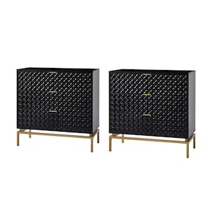 Vico Mid-Century Black 31 in. Tall Embossed Pattern 3 Drawer Storage Cabinet Set with a Metal Base Set of 2