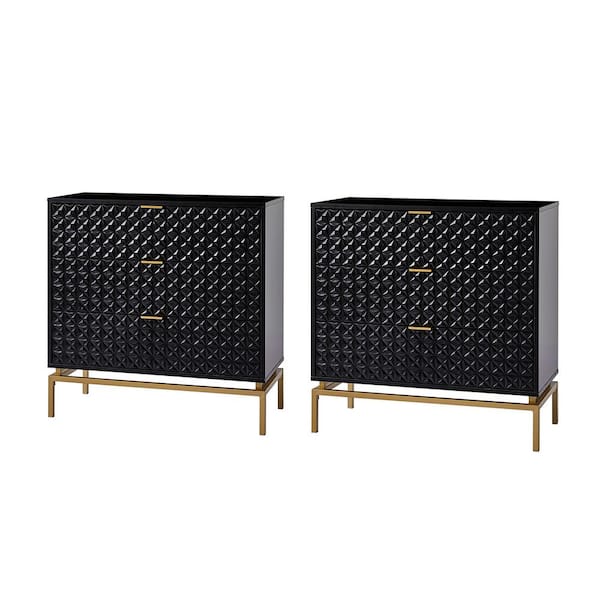 JAYDEN CREATION Vico Mid-Century Black 31 in. Tall Embossed Pattern 3 Drawer Storage Cabinet Set with a Metal Base Set of 2