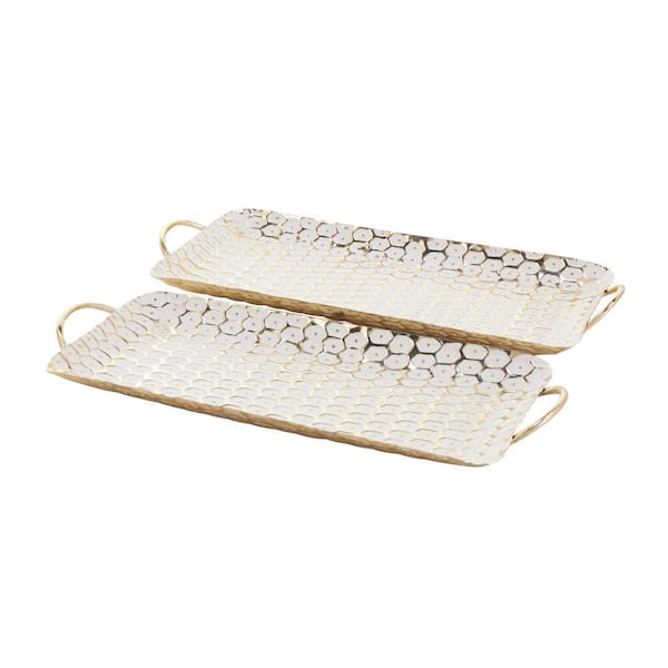 Litton Lane Gold Metal Geometric Dot Geometric Decorative Tray with White Accents (Set of 2)