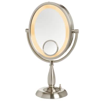 10X Lighted 10 in. W x 17.5 in. L Single Table Top Makeup Mirror in Nickel
