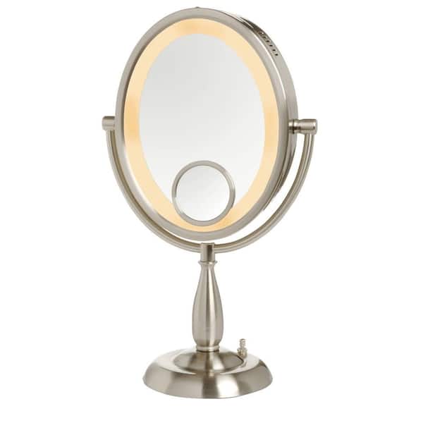 Jerdon 10X Lighted 10 in. W x 17.5 in. L Single Table Top Makeup Mirror in Nickel