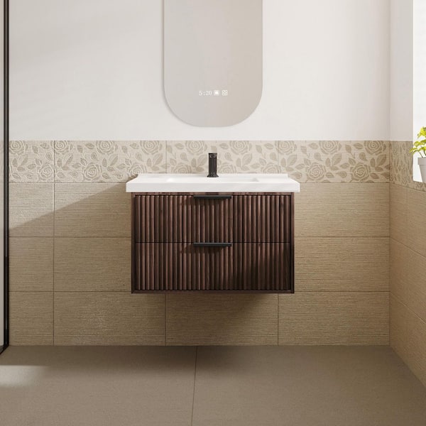 VLeaf 30 in. W x 19 in. D x 19 in. H Single Sink Wall Hung Bath Vanity Cabinet in Dark Walnut with White Ceramic Top