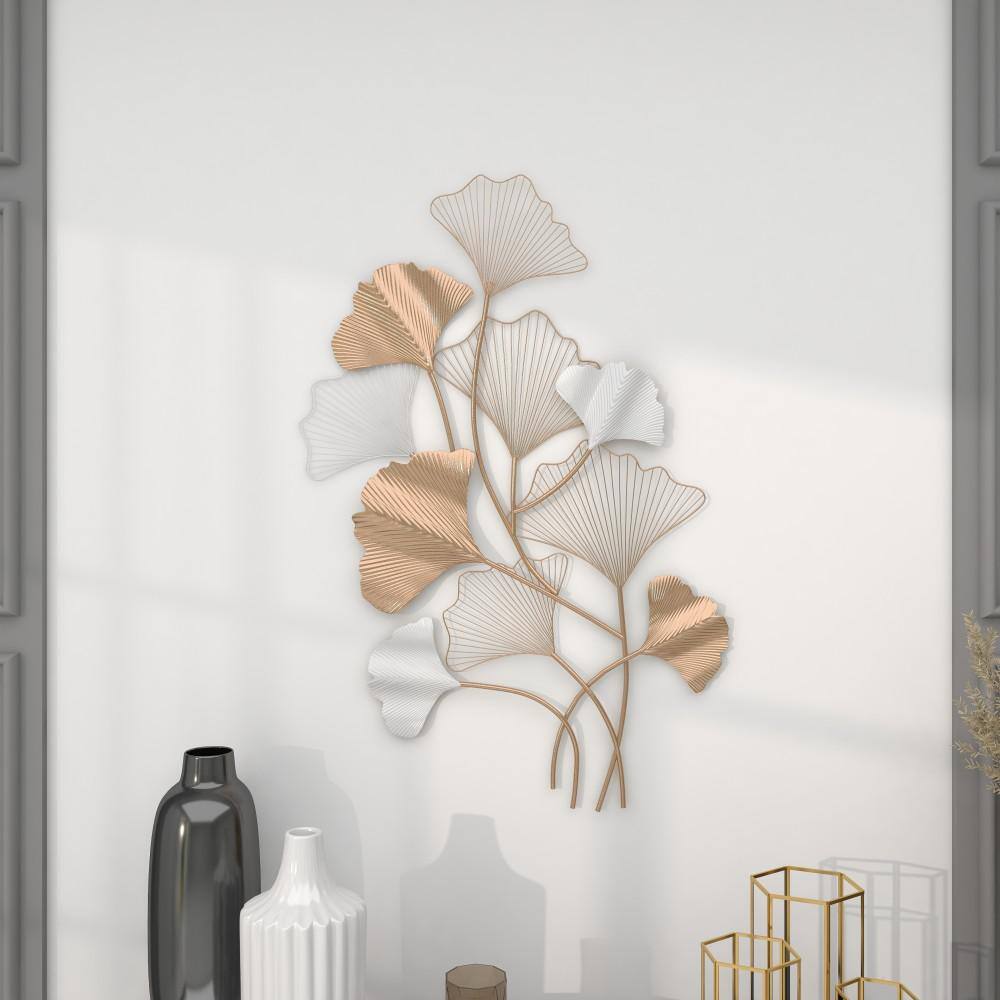 Gold and White Metal Leaf Wall Sculpture with Botanical Design
