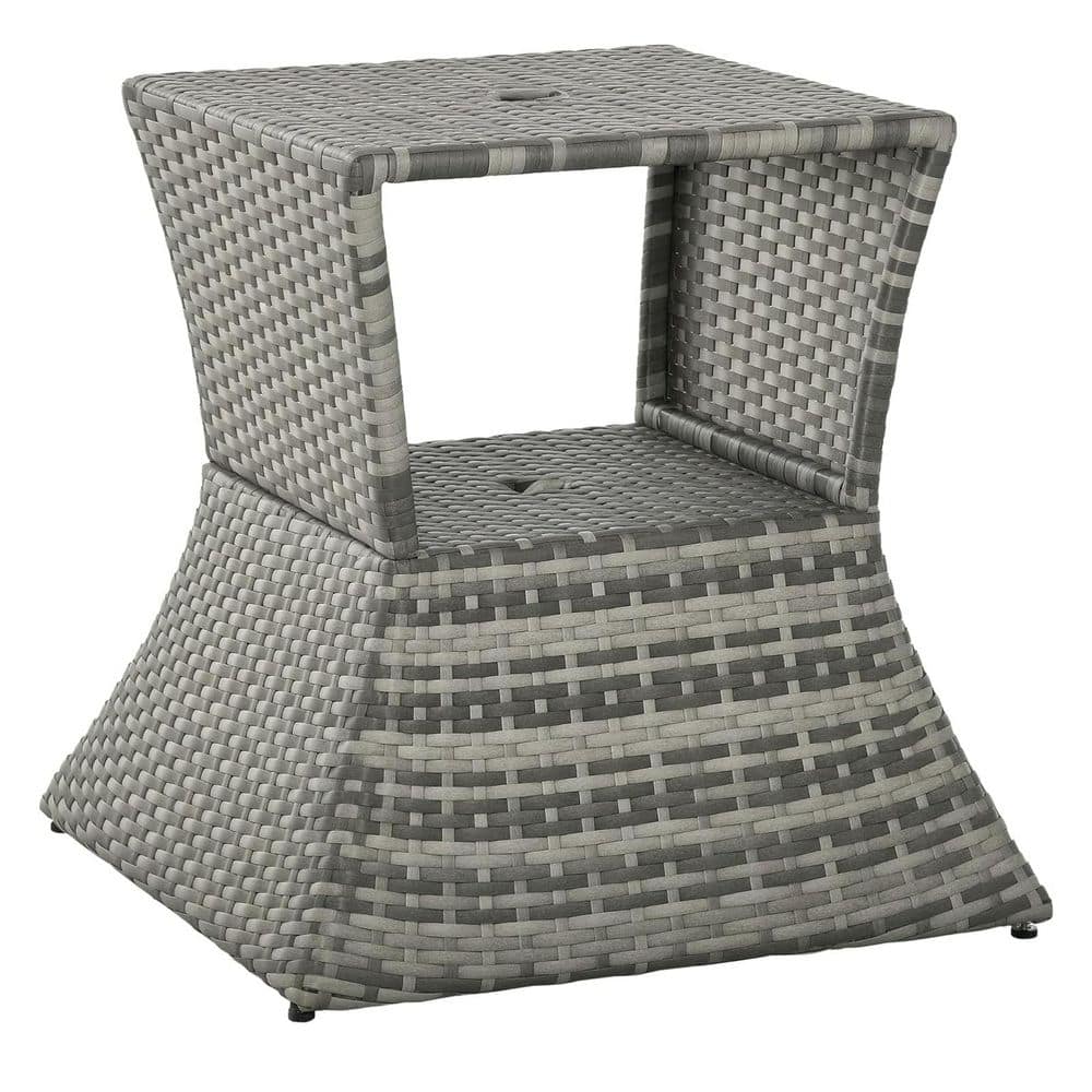 Grey Square Wicker Outdoor Side Table with Umbrella Hole